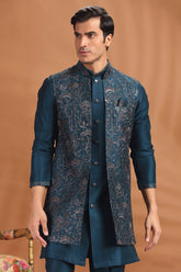 Prussian Blue Silk Embroidered Jacket Kurta Set